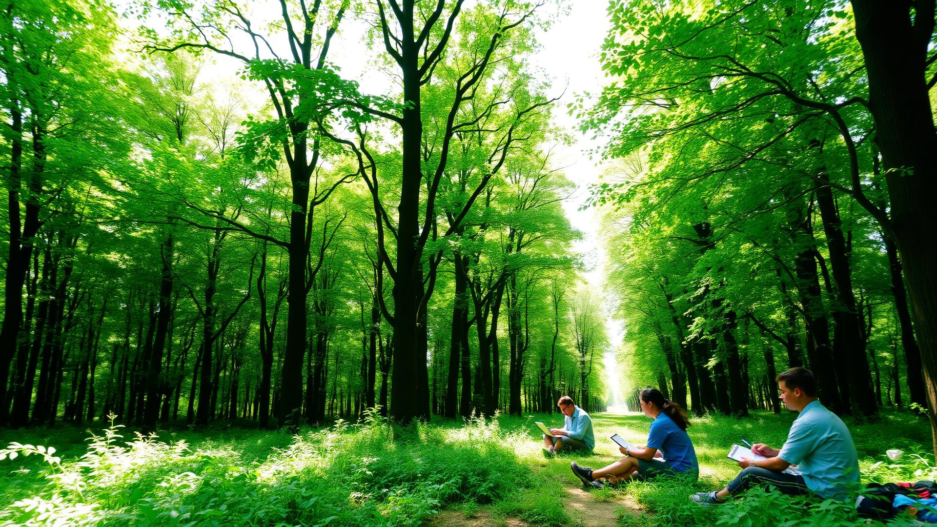 Students studying together in a sunlit forest